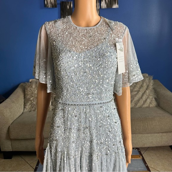 Mac Duggal 93655 Powder Blue Cape Sleeve Beaded Tea Length A-Line Dress 6 NWT - Picture 3 of 16